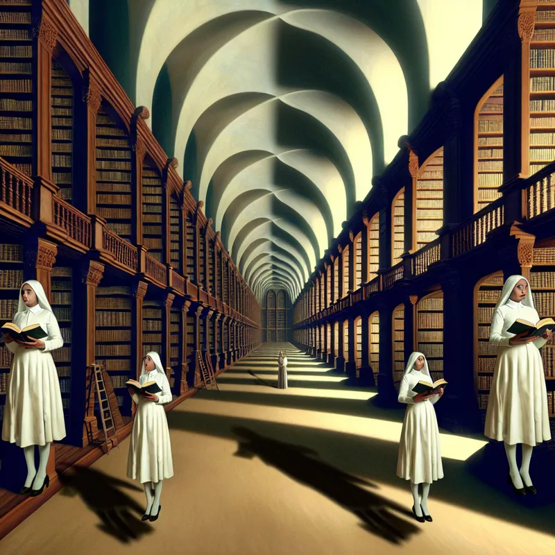 Twee identieke zussen in een surrealistische bibliotheek, beiden lezend in hetzelfde boek als vergelijking van gelijke intelligentie en situatie