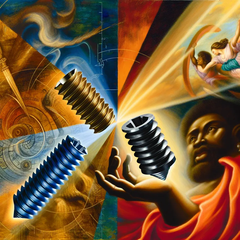 Barokke illustratie van metrische en Engelse schroefdraadprofielen, vastgehouden door goddelijke handen in een dramatische compositie