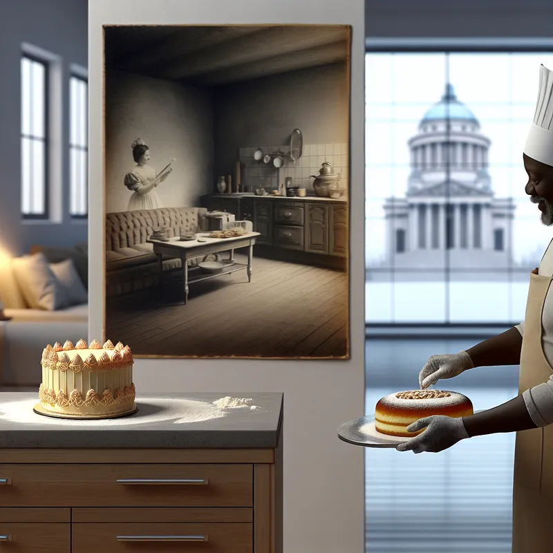 Hyperrealistisch surrealistisch tafereel van een persoon die een moderne cake bakt naast een nostalgische foto van een zelfgemaakte taart in een gezellige keuken met monumentale architectuur op de achtergrond