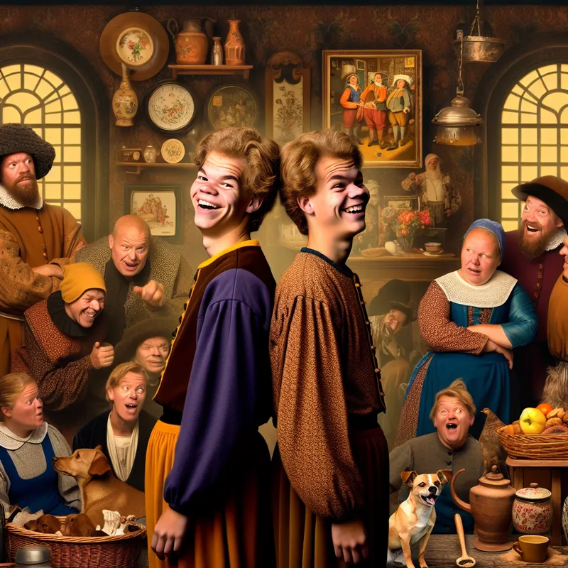 Twee zussen met opvallende gelijkenis in gezicht en gebaren in een levendig Hollands interieur, geïnspireerd op Jan Steen