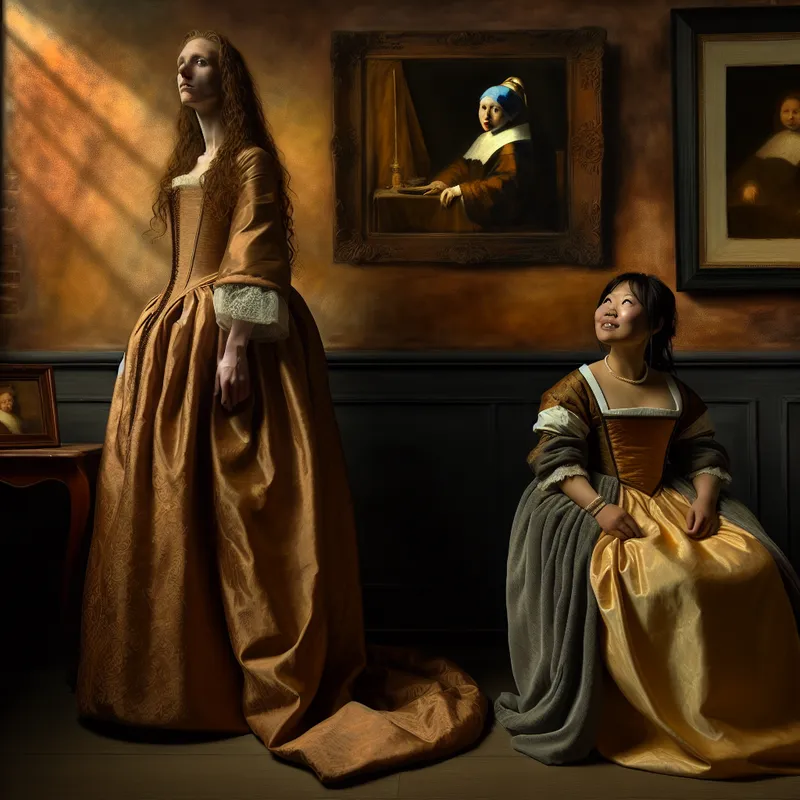 Een hoge vrouw en haar kortere zus staan in een sfeervolle kamer, met dramatisch licht dat hun verschillen in lengte benadrukt.