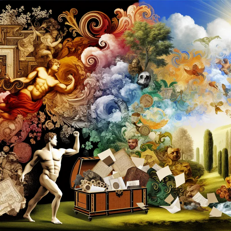 Krachtige barokke voorstelling van een figuur die symbolisch het verleden begraaft en zich richt op een stralende toekomst, met bloemen en nieuw begin