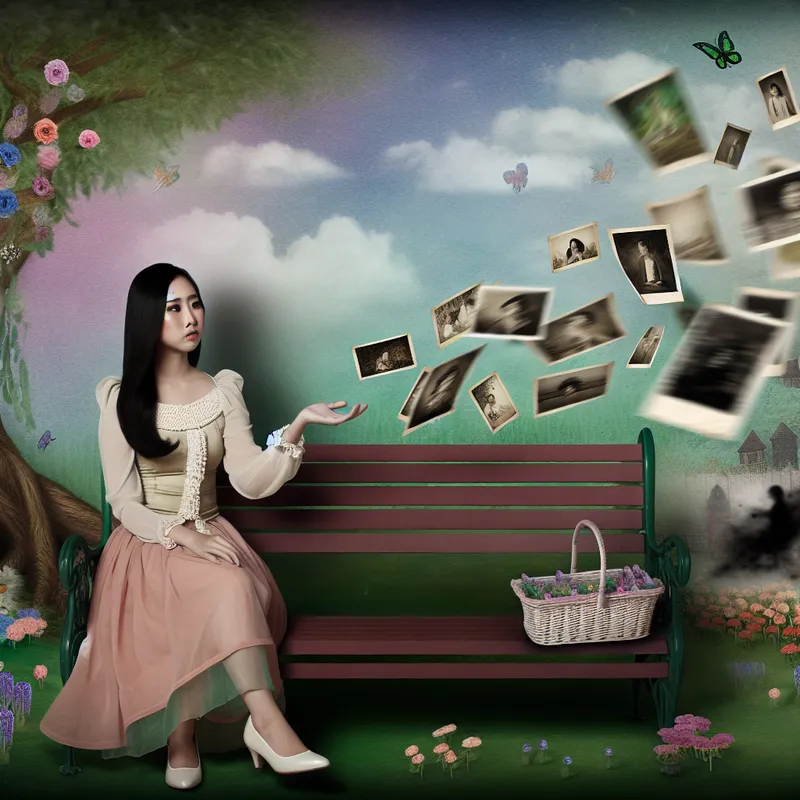 Jonge vrouw op een parkbank met een dromerige uitstraling, omringd door vintage elementen en vervagende foto's die symboliseren vergeten herinneringen.