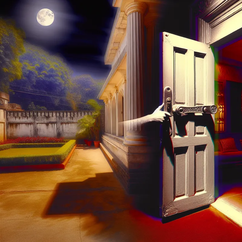 Hyper-realistisch nachtlandschap met een huis en een achterdeur die stevig is vergrendeld met een metalen grendel, omgeven door een maanverlicht tuin.