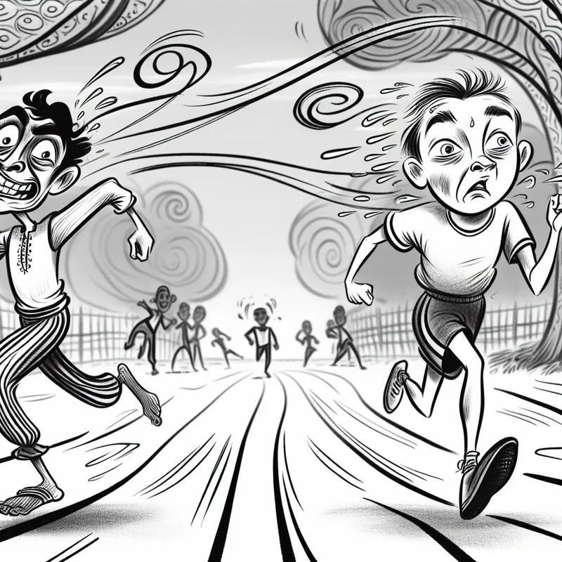 Twee stripbroers rennen zij aan zij in een levendig park, waarbij de ene broer met overdreven snelheid rent en de andere ontspannen achterloopt om het verschil in intensiteit te illustreren