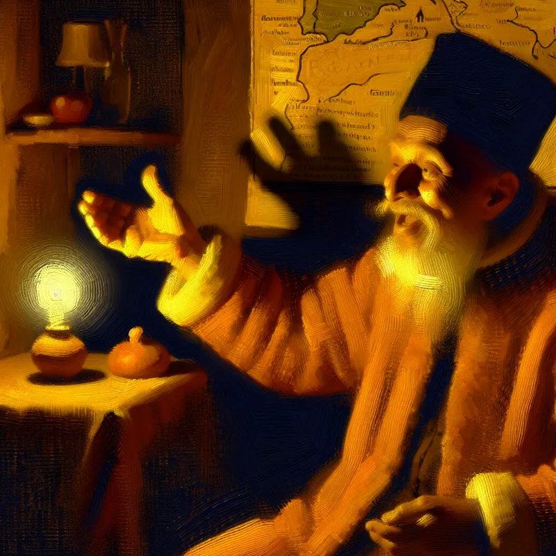 Oude verteller met warme uitdrukking die een grappig vakantieverhaal uit Spanje deelt bij flakkerend kaarslicht in Rembrandt-stijl