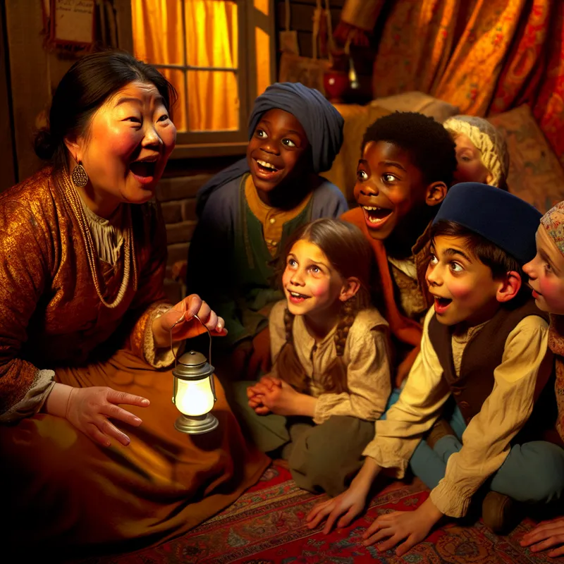 Een vrouw vertelt met een vreugdevolle blik een verhaal aan een groep geboeid luisterende kinderen in een gezellige woonkamer.