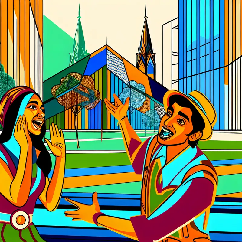 Twee vrienden vertellen gelijktijdig een verhaal in een levendig park met geometrische vormen op de achtergrond.