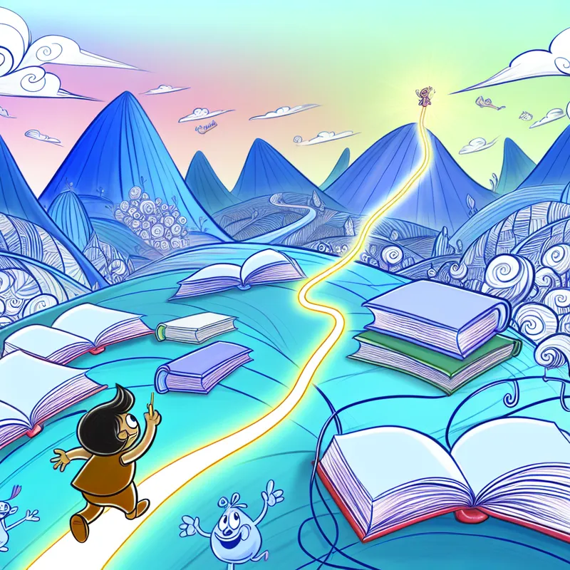 Een cartoonfiguur volgt een gloeiende draad door een kleurrijk landschap met enorme boeken en fantasticalde wezens.