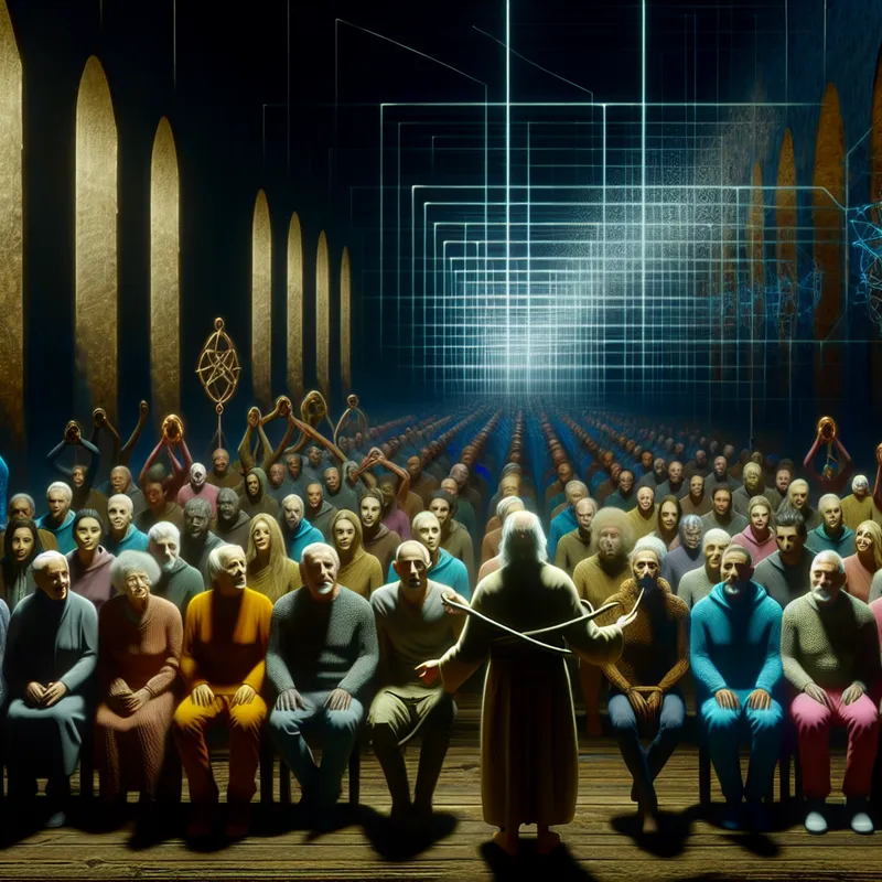 Hyperrealistisch tafereel van wijze oudere die verhaal vertelt in oude hal