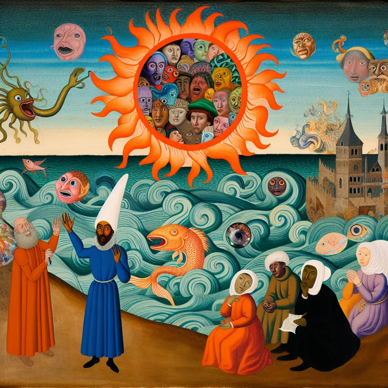 Een verhalenverteller vertelt enthousiast een vakantieverhaal aan een gebiologeerde menigte, omringd door bizarre, fantasierijke wezens.