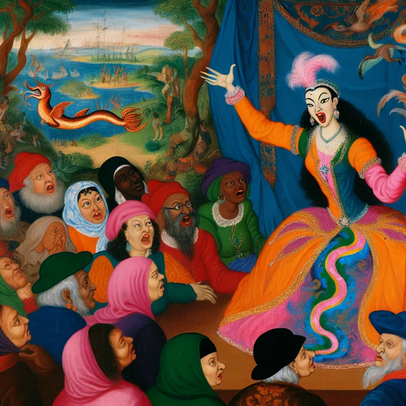 Een levendige scène van een verhalenverteller op een podium die een overdreven verhaal vertelt aan een geboeid publiek.