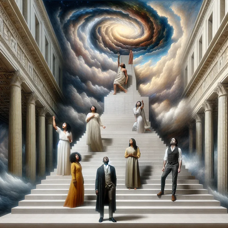 Diverse groep mensen op een surrealistische trap die hun armen omhoogsteekt in een krachtige uiting van solidariteit en protest tegen onrecht.