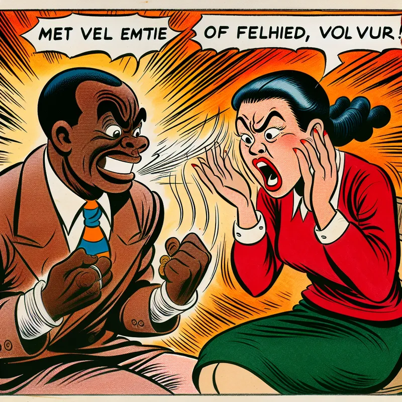 Twee stripfiguren in een verhitte discussie met expressieve gezichten en gebaren, vol emotie en vuur