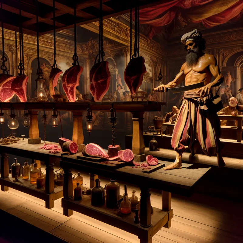 Barokke werkplaats met een verhoging als werkblad waar een slager vlees snijdt, omringd door wetenschappers in een 17e-eeuws laboratorium