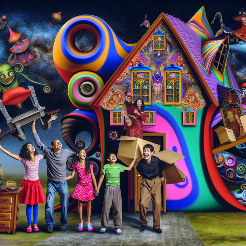 Een surrealistische afbeelding van een familie die vrolijk verhuist naar een nieuwe, fantasierijke woning met spiraalvormige torens en kleurrijke patronen, omringd door bizarre wezens die hen helpen meubels te dragen.