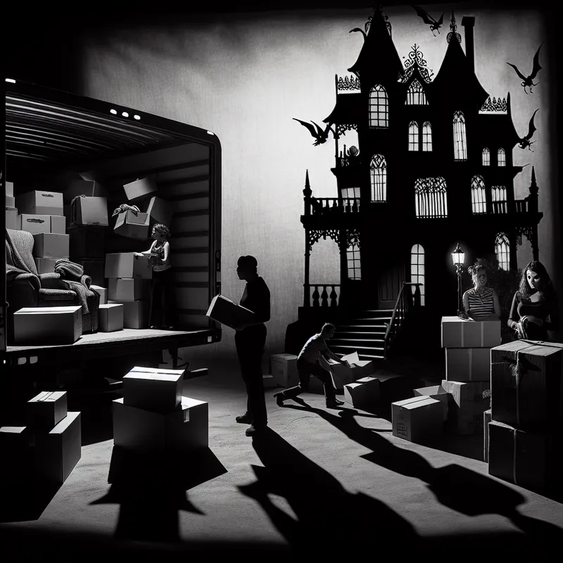 Drukke verhuisscene met mensen die meubels in een verhuiswagen laden, met een gothisch huis op de achtergrond.