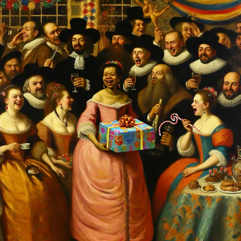 Groep goed geklede mensen viert een verjaardag met een vrouw die een mooi ingepakt cadeau vasthoudt.