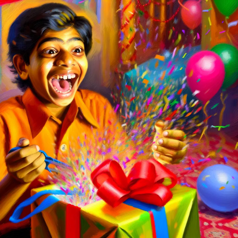 Een jonge jongen opent enthousiast een kleurrijk verjaardagscadeau, omringd door kleurrijke confetti en feestdecoraties.