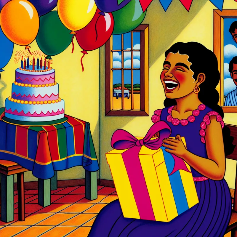 Een jonge meisje met een blije uitdrukking terwijl ze vrolijk een kleurrijk verjaardagscadeau uitpakt, omringd door ballonnen en slingers.