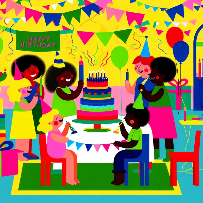 Een kleurrijke verjaardag viering met diverse kinderen die samen feestvieren.