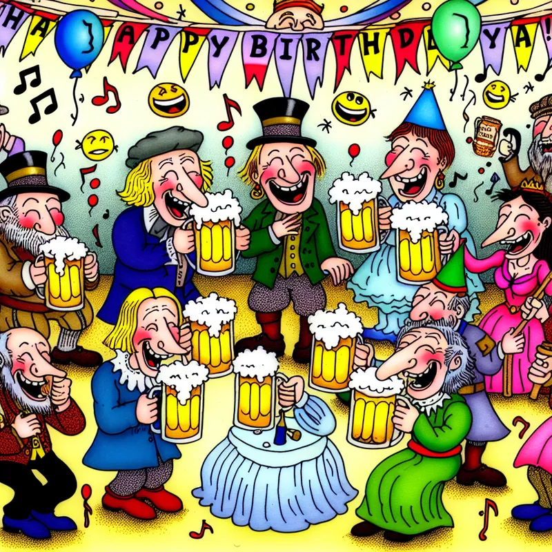 Een vrolijke cartoonafbeelding van vrienden die met biertjes proosten op een verjaardagsfeestje, omgeven door kleurrijke decoraties en een 'Gelukkige Verjaardag!' banner.