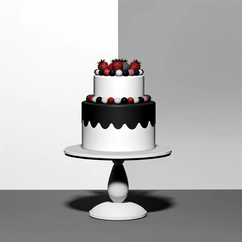 Minimalistische illustratie van een feestelijke verjaardagstaart met twee lagen, versierd met kleurrijke glazuur en fruit.