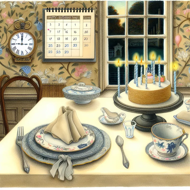 Een feestelijk gedekte tafel voor een verjaardag, met een kleine taart en een kalender aan de muur.