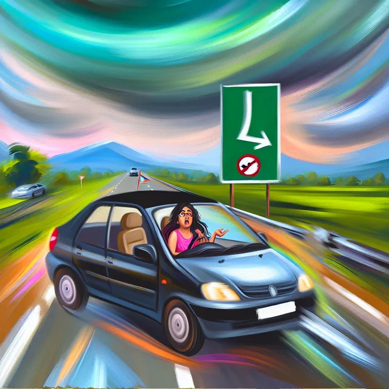 Een auto die verkeerd is gereden op een mistige snelweg, met een verwarde bestuurder en een groot bord dat de juiste richting aangeeft.