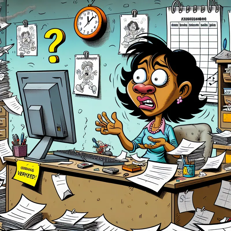 Cartoon scene of a distressed office worker surrounded by a messy desk and confusing elements, reflecting disorganization and error in planning.