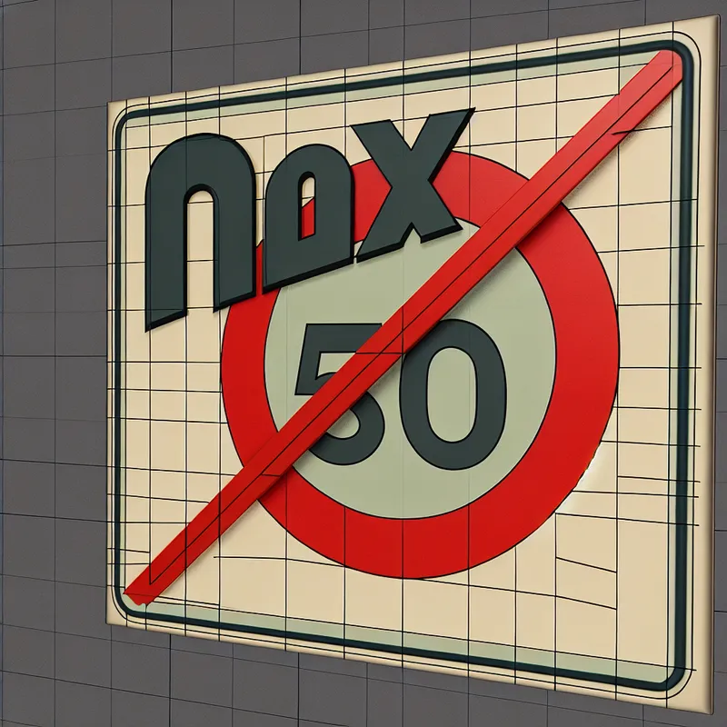 Retro-futuristisch verkeersbord met 'MAX 50' en rode cirkel met diagonale streep, stijl van Jan van der Veken