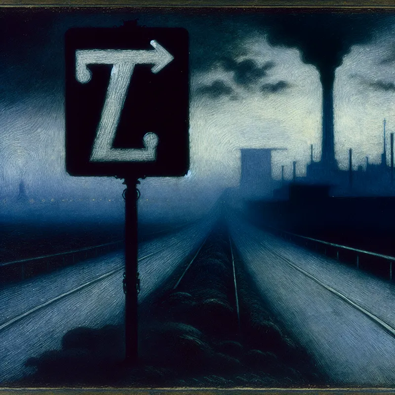 Verkeersbord met afkorting 'Z' voor zuidelijk richting op mistige snelweg bij schemering, gothische stijl