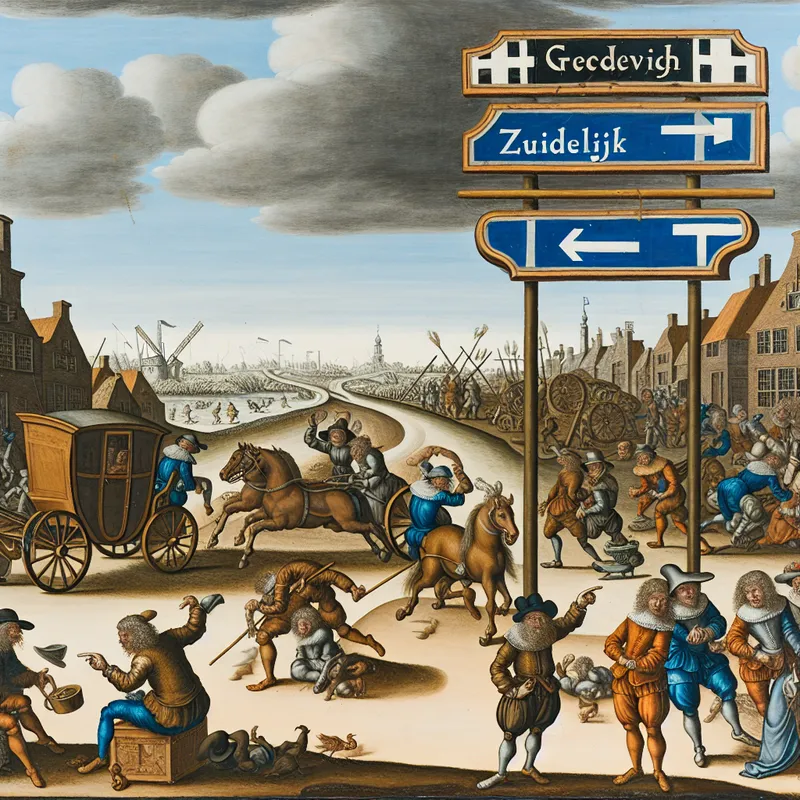 17e-eeuws Nederlands straattafereel met verkeersbord 'Z' voor zuidelijke richting, paardenkoets, fietsers en voetgangers in levendige setting