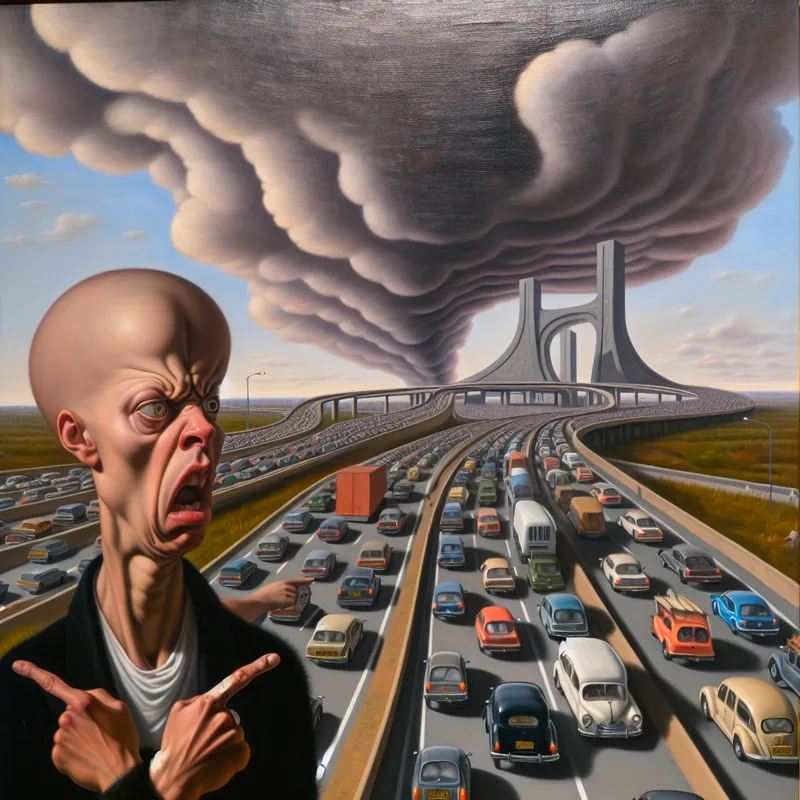 Een gefrustreerde figuur wijst naar een drukke snelweg vol stilstaande auto's terwijl hij zijn hoofd schudt onder een bewolkte lucht.