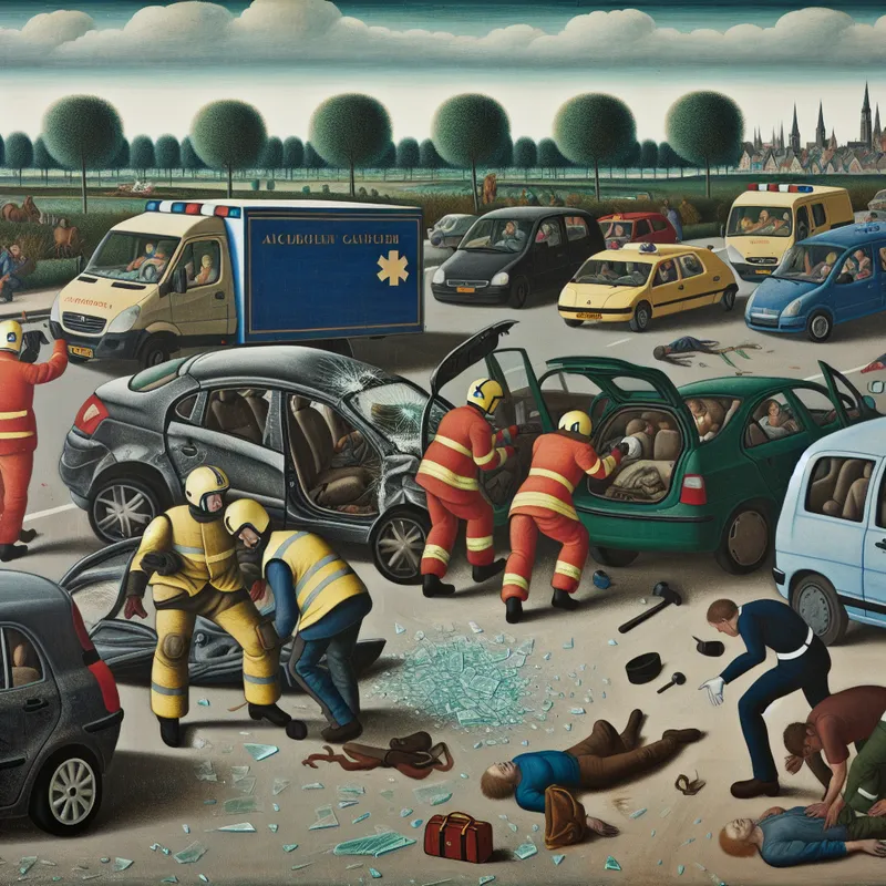 Serieuze verkeersongeluk op drukke snelweg met beschadigde voertuigen en hulpverleners in actie.