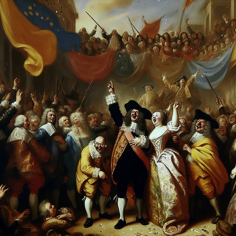 Triumfantelijke groep politici en supporters in 17e-eeuwse Nederlandse kleding viert een verkiezingsoverwinning met vlaggen en enthousiaste gezichten in de stijl van Frans Hals