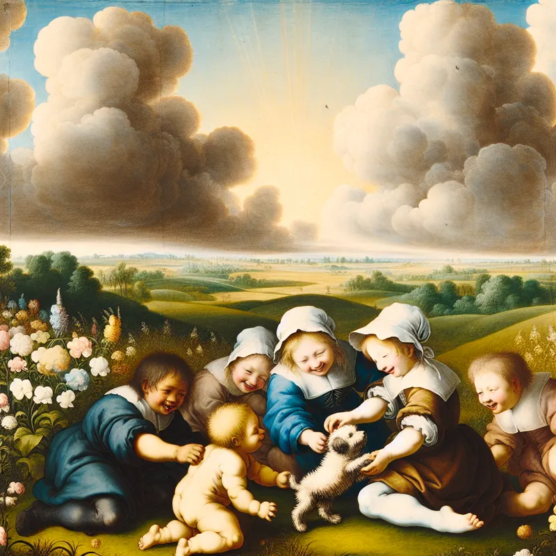 Kinderen spelen met een kleine, schattige puppy in een levendig landschap vol bloemen.