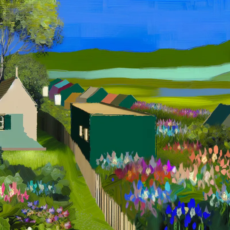 Een klein, charmant vakantiewoning op een klein perceel omringd door groene natuur en bloemen.