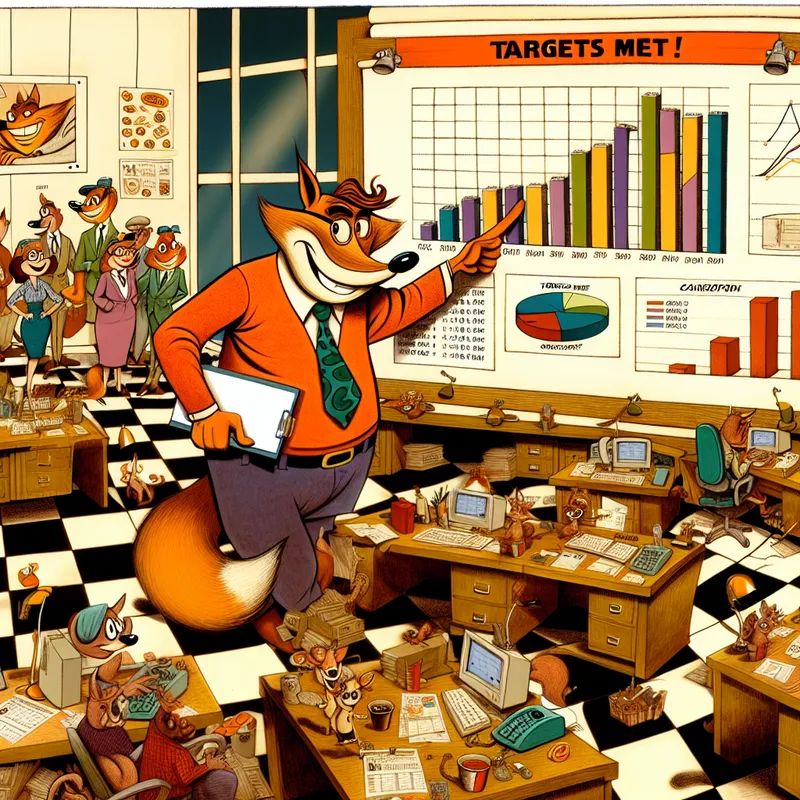 Cartoonachtige verkoopafdeling met antropomorfe dieren die succesvolle verkoopdoelstellingen vieren op een dashboard met grafieken en 'doelstellingen gehaald'