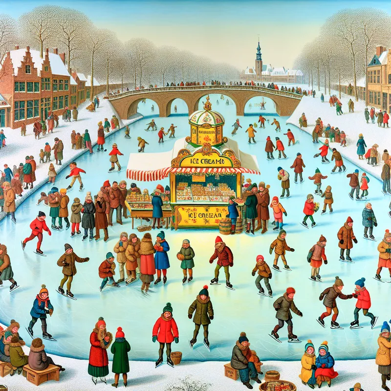 Druk wintermarktgebeuren met een verkooppunt voor ijsjes op een bevroren kanaal, in de stijl van Hendrick Avercamp