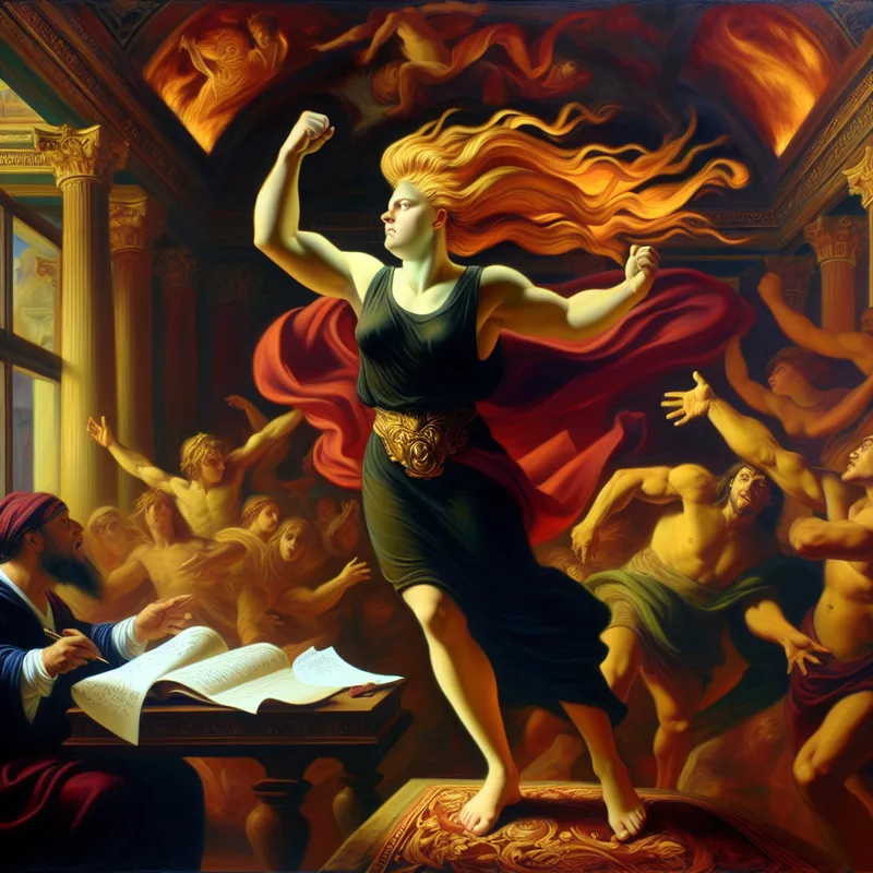 Triomfantelijke vrouw in barokstijl ontvangt sleutel of document als symbool van verkregen vertrouwen en succes na inspanning