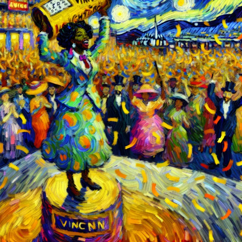 Persoon wint gouden loterijtrofee op podium met confetti en juichend publiek in Van Gogh-stijl