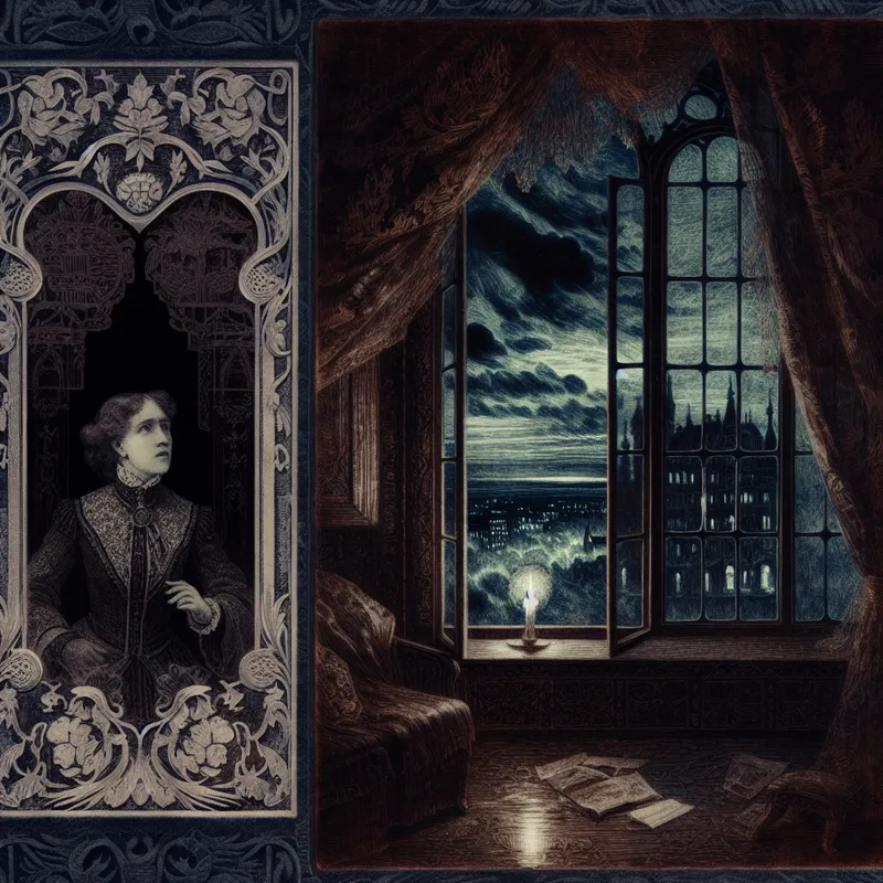 Een jonge vrouw met een melancholische uitdrukking kijkt verlangend uit een versierde raam in een duistere, gotische setting, met een stormachtige lucht op de achtergrond en een verre stad in de mist.