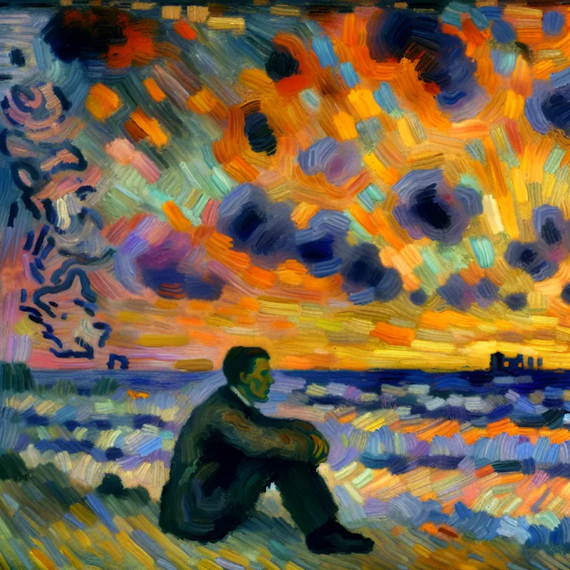 Abstract expressionist afbeelding van een persoon op een strand bij zonsondergang, met een verlangen naar de horizon.