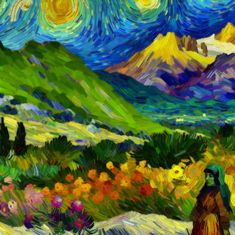 Vrouw in een pittoreske landschapsomgeving die verlangend naar de bergen kijkt, geïnspireerd door Vincent van Gogh.