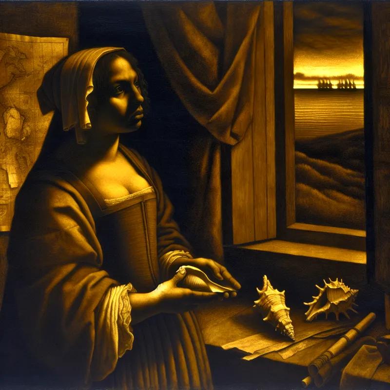 Vrouw bij open raam in Rembrandt-stijl, verlangend naar de zee met een schelp in haar handen