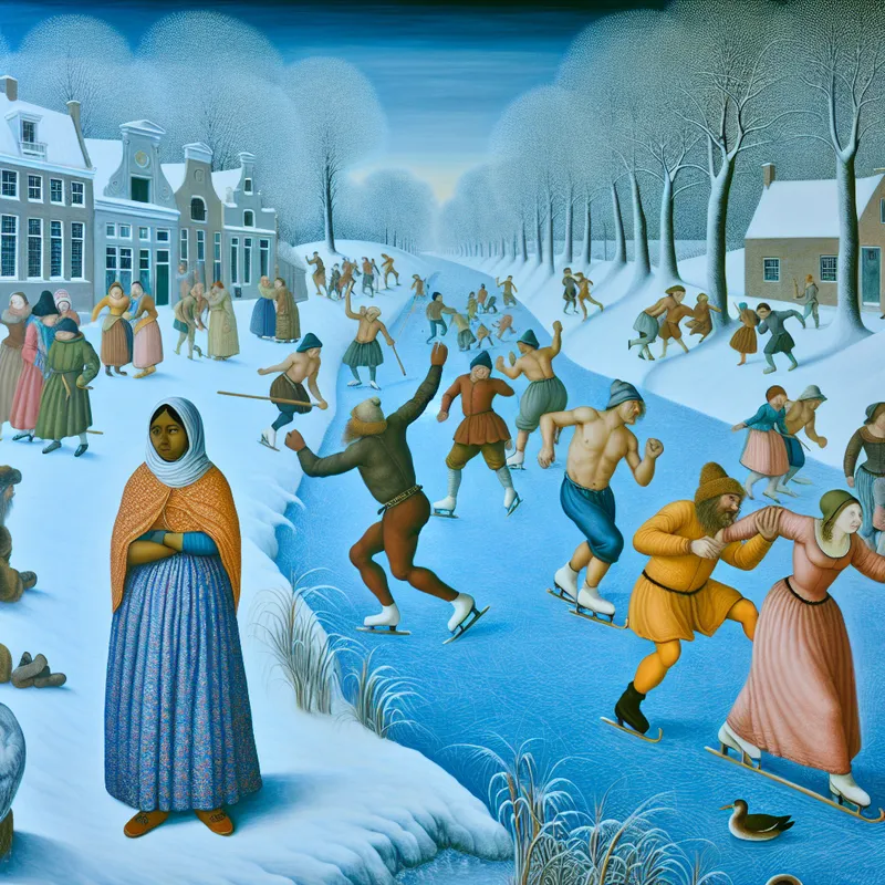 Wintertafereel met een eenzame figuur die verlangend kijkt naar een groep schaatsers op een bevroren kanaal, symbool voor een sterk verlangen naar verbondenheid