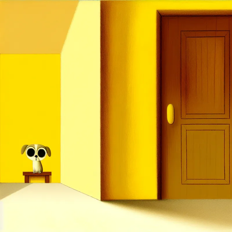 Kleine, verdrietige hond zit alleen bij een gesloten deur in een heldere gang, gevoel van verlatenheid