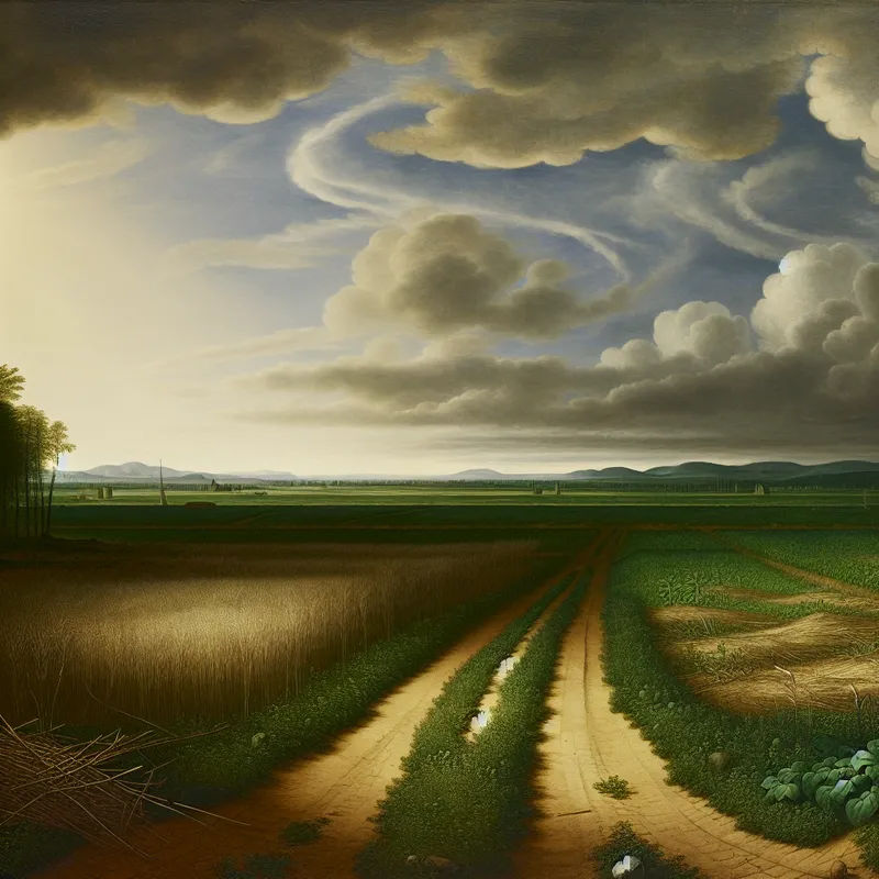 Stille landschapsweergave van een verlaten pad dat leidt naar een overgroen veld, omlijst door een dramatische lucht met zwellende wolken.