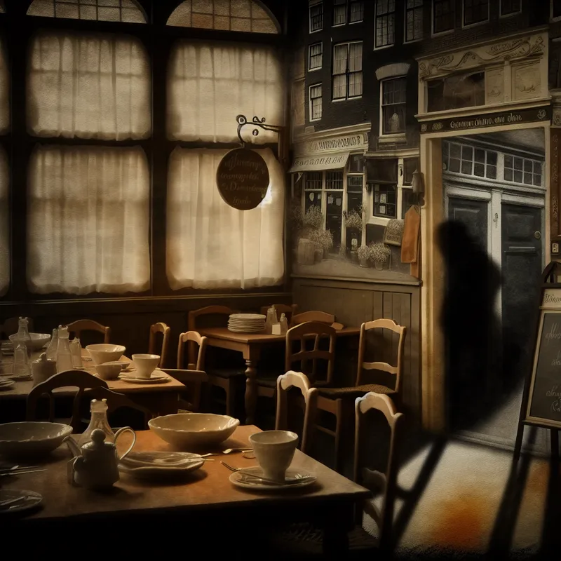 Een sombere scène van een elegant restaurant met een verwaarloosde uitstraling, inclusief een scheve 'Gesloten' bord en stoffige gerechten op de tafel.